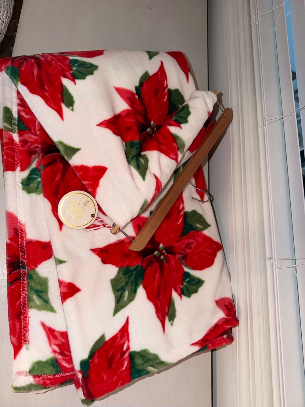 Holiday Time Gift Sherpa Throw Blanket- Poinsettia With Wooden Hanger 72 X 50